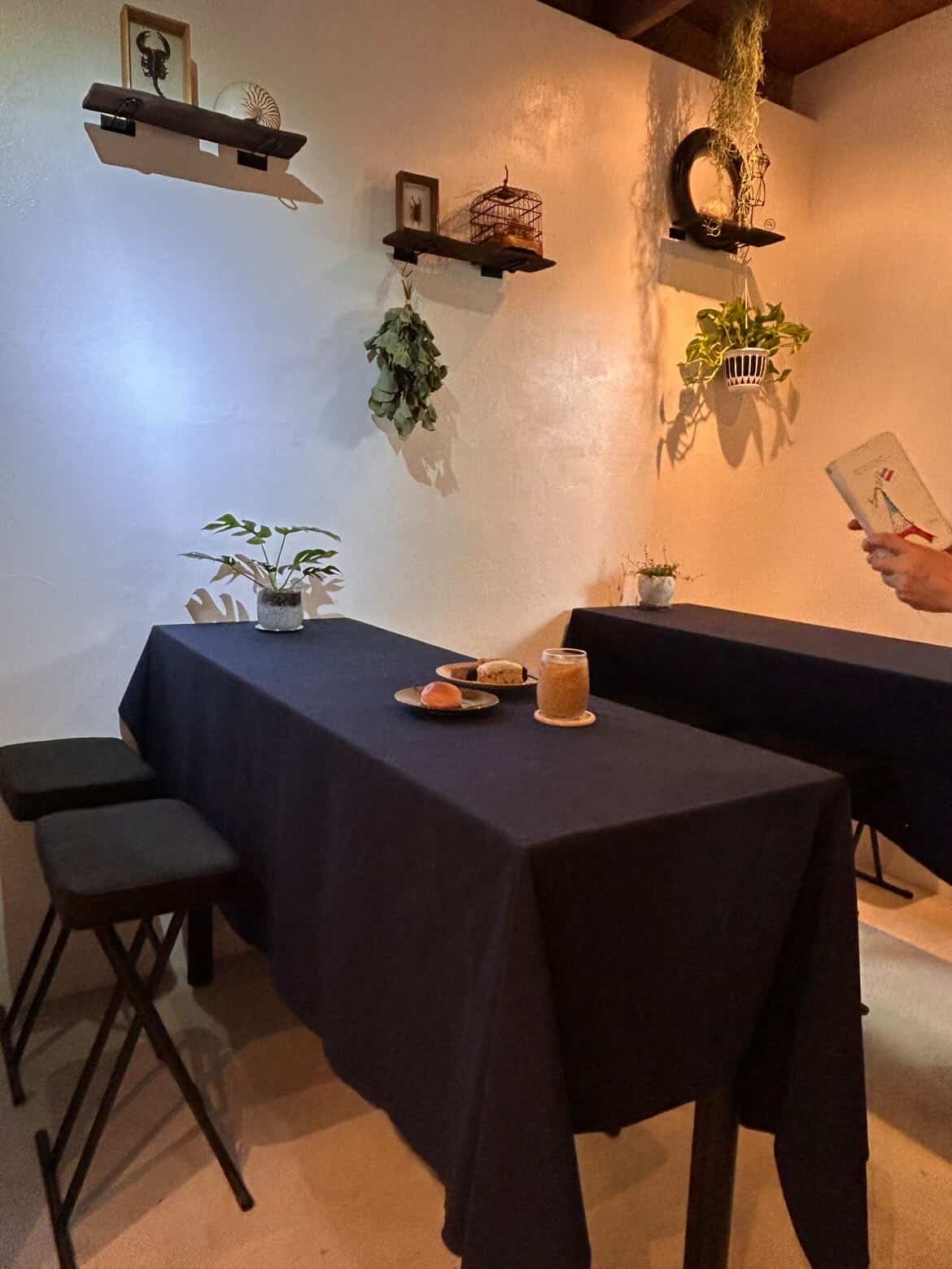 植物にかこまれた、落ち着いた雰囲気の店内テーブル席